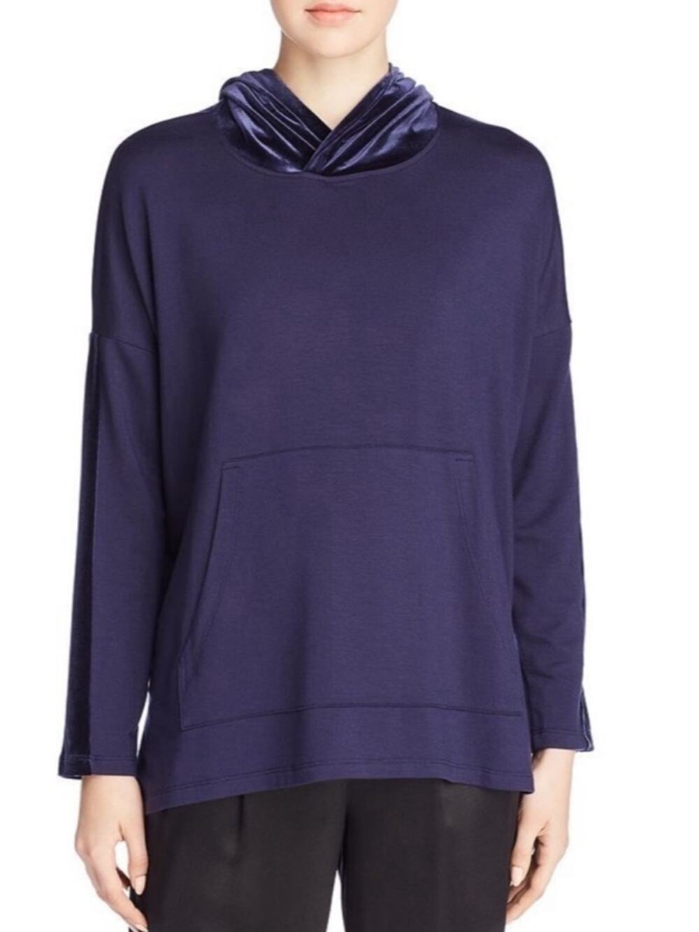 Eileen Fisher Size LP Navy Blue Oversized Velvet Trim Hoodie Sweatshirt Pullover